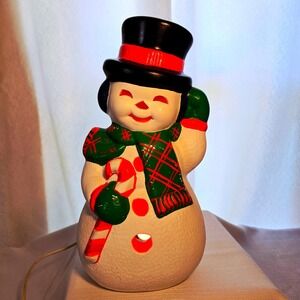 Vintage Christmas Snowman  Ceramic Tabletop Light Candy Cane Top Hat 13 Inch